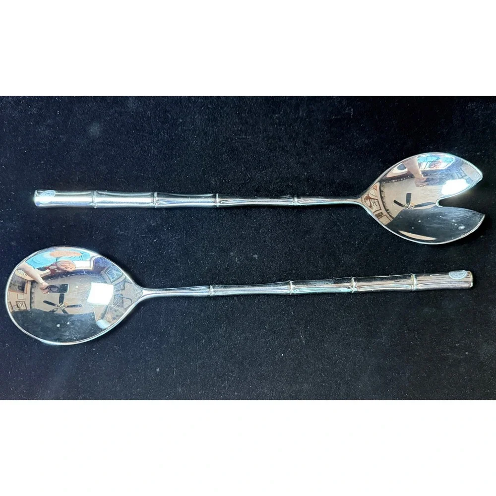 Vintage Bamboo Handle Silver Tone Metal Salad Server Set Spoon and Fork 11.5